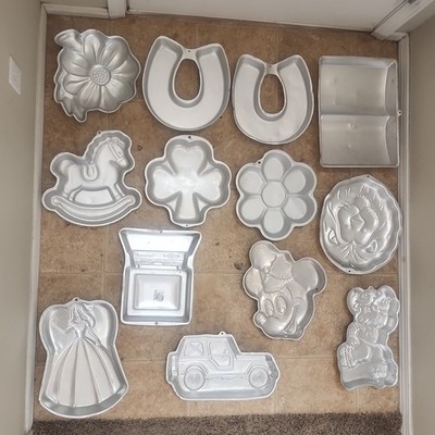 Lot of 13 Vintage Wilton Character Cake Pans 1970s-2000s, Jeep, Montgomery Moose