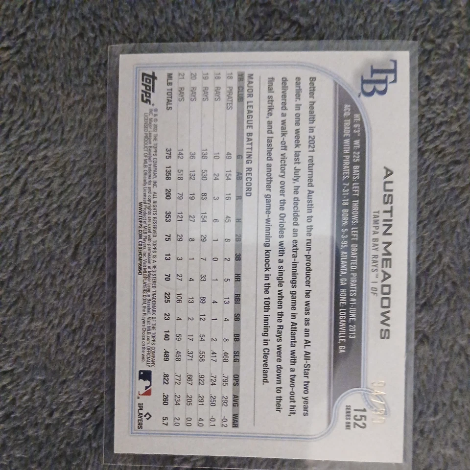 2022 Topps Serie 1 Orange Star/99 Austin Meadows #152 Foto 2 de 3