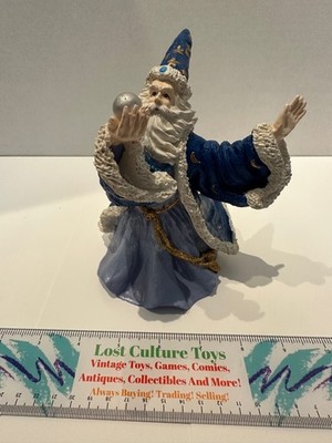 Vintage 90s Wizard Merlin With Crytal Ball In Blue Robes Statue White Beard