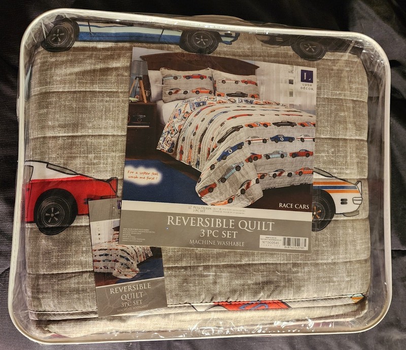 Vintage Race Car Reversible Quilt Set Full Queen 3 Piece Bedding with Shams *NEW