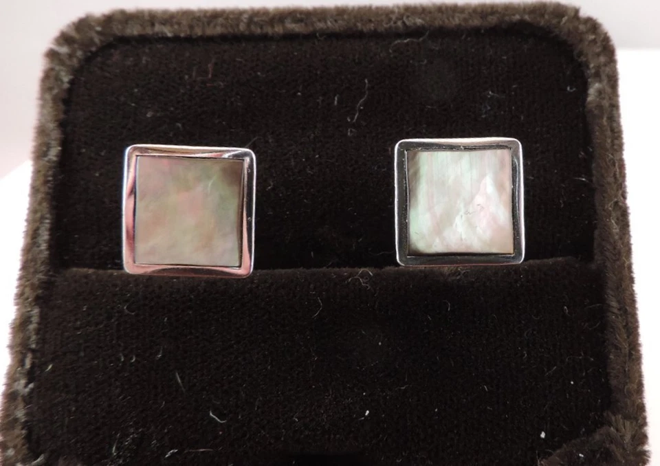 Vintage Swank Silver tone Gray Mother of Pearl MOP Men's Square Cufflink Fa 36 - Image 3 of 4