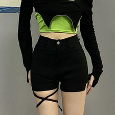Schwarz Hotpants Mini Hose Hohe Taille Bandage Schnürer Sexy Shorts Punk