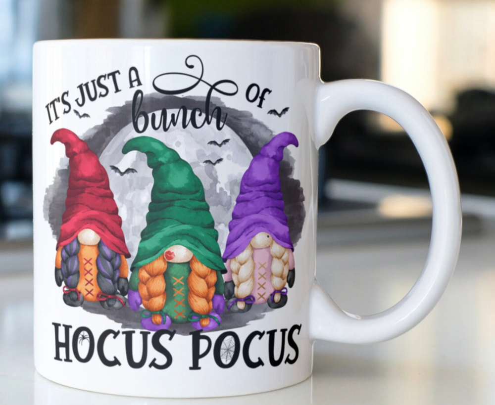 Funny Hocus Pocus Gnomes coffee mug stating,"It's Just A Bunch Of Hocus Pocus"