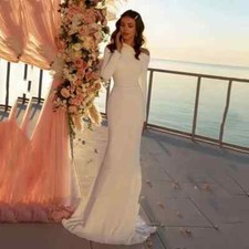 Elegant Satin Mermaid Wedding Dresses Pearls Neck Belt Full Sleeves Bridal Gowns