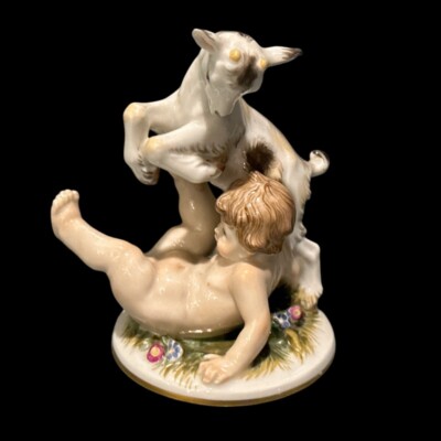 Vintage Augarten Austria Wien Porcelain  Figurine Young Boy w Goat Cherub