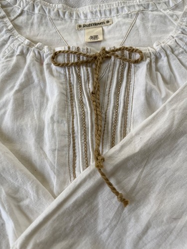 Ruff Hewn Blouse Womens Large Ivory Cotton Linen Boho Tie Neckline Tan Accents - Picture 4 of 8