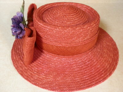 Vintage Betmar New York Red Straw Hat Wide Brim Bow Flower  display picture 2