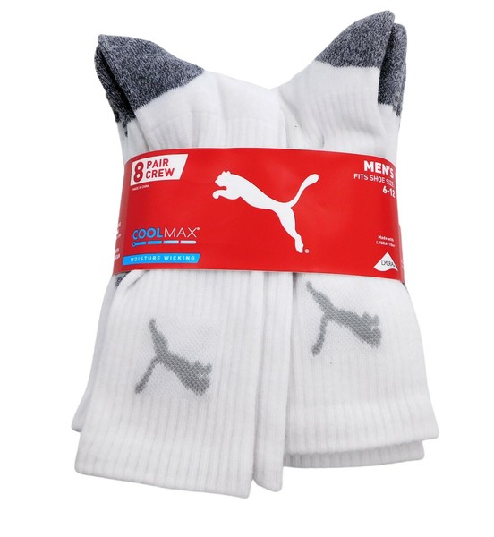 PUMA Mens Cool Max Moisture Wicking Crew Socks 8 Pack Shoe Size 6 12