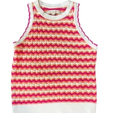 LOFT Knit Tank Top Sleeveless Crochet Trim Pink White Casual Summer Size M