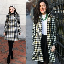 J Crew Plaid Oxford Check Long Wool Coat Gold Buttons Blue Green Ivory Multi