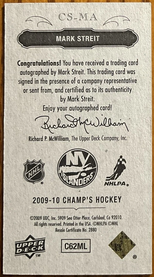 2009-10 Upper Deck Champ’s Signatures MINI Mark Streit #CS-MA New York Islanders - Image 2 of 2