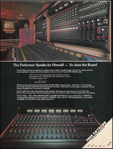 Frank Zappa 1982 Carvin MX-1608 Mischpult Werbung 8x11 Mischeranzeige