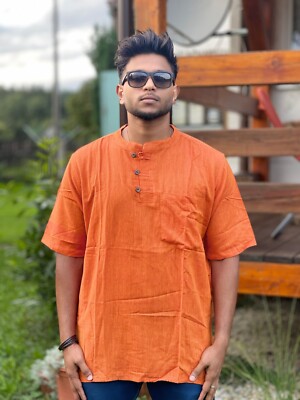 Khadi Cotton Orange Short Kurta-XL, Kurta Short Orange Baumwolle Khadi-XL