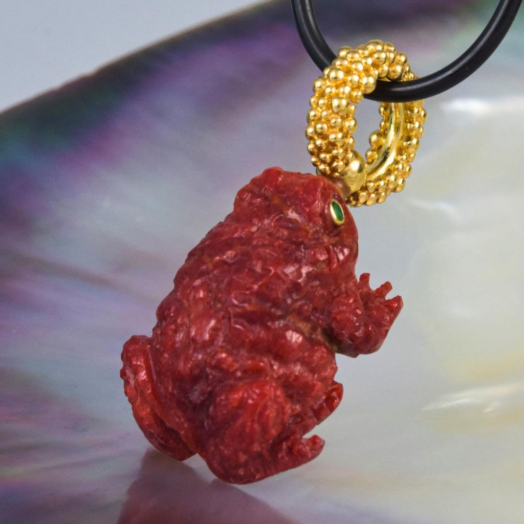 Toad Frog Pendant Red Sponge Coral, Ruby Gold Vermeil Sterling
