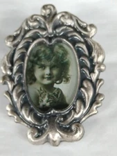 Vintage Pin Brooch portrait  photo Child & Cat Pewter Finish Victorian style