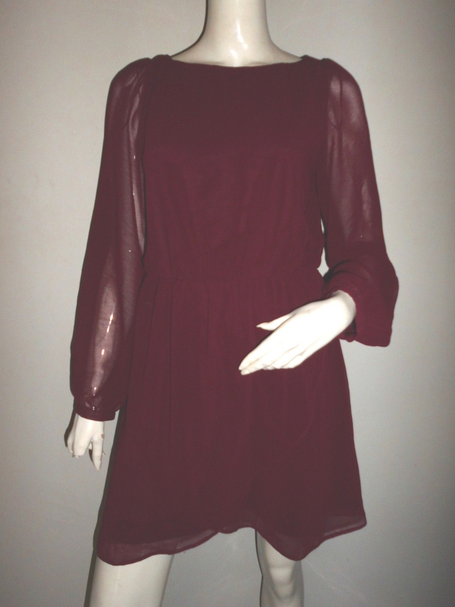 SUPERBE ROBE SOIREE ATMOSPHERE GRENAT MANCHE TRANSLUCIDE T:36/38