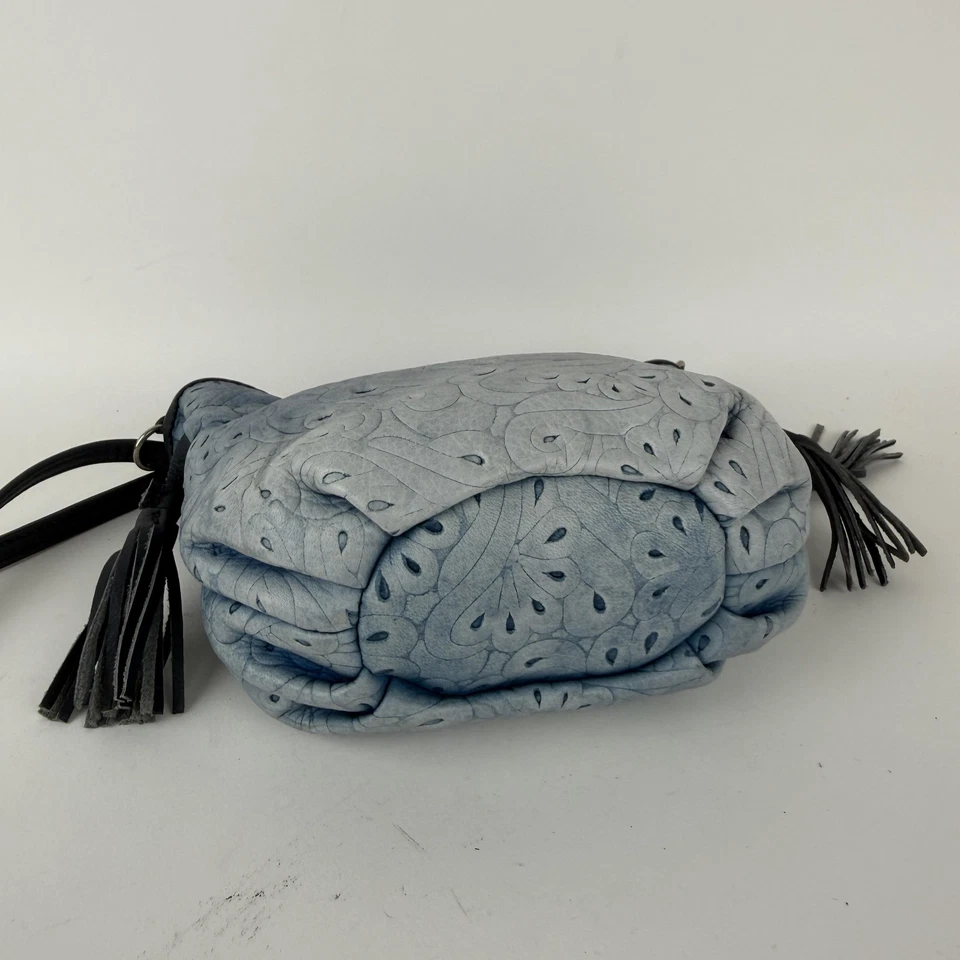 Bolso Bandolera Valentina Mujer Pequeño Azul Ombre Corte Láser Cuero Hecho en Italia Foto 3 de 4
