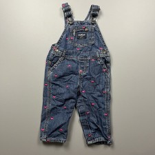Oshkosh B'Gosh Vestbak Overalls Girls 12M Blue Pink Heart Denim VTG