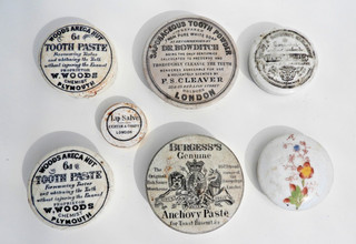 7 X VINTAGE POT LIDS. SAPOMACEOUS TOOTH PASTE BURGESS ANCHOVY PASTE. LIP SALVE