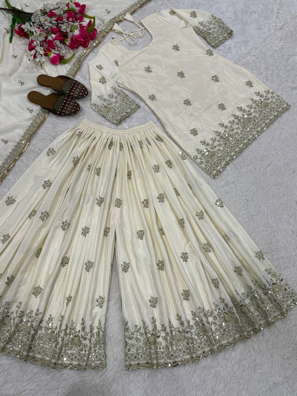 Ethnic Wear Off White Crepe Kurta Palazzo With Dupatta For Women & Girls thumbnail 12