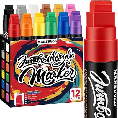 12 Colors Jumbo Poster Markers, Jumbo Acrylic Paint Markers, 15MM Thick