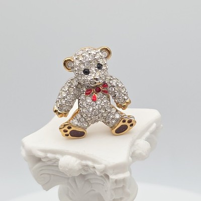 Vtg! SWAROVSKI Teddy Bear Pin Brooch 22K Gold Plate Pavé Crystals Red Enamel Bow