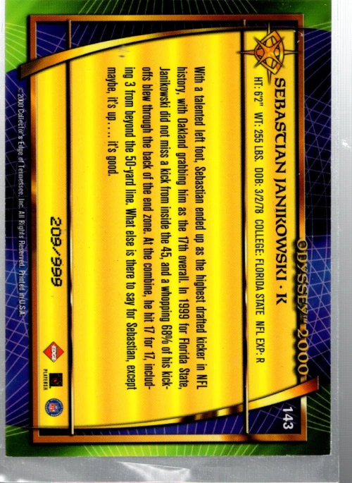 B0231- 2000 Collector's Edge Odyssey #143 Sebastian Janikowski RC /999 ( ROOKIE) - Image 2 of 2