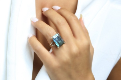 Labradorite Ring Anemone Jewelry Sterling Silver Rectangle Cut Gemstone