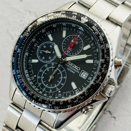 SEIKO Men's Watch 7T92-0CF0 Quartz Black Dial Vintage Date Chronograph U3495