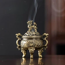 Brass Incense Burner Crafts Vintage Chinese Lion Tripod Censer for Office