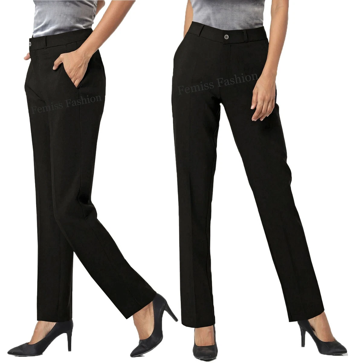 Girls Black Smart Trousers Women Tailored School Office Work Formal  Straight Fit