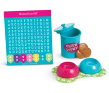 JUEGO DE GOLOSINAS Y COMIDAS PARA MASCOTAS American Girl tazones tapete golosinas tarro contenedor pegatinas CAJA