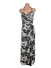 Tadashi Collection Dress 0 Black White Silk Halter SlitRuched Sleeveless Gown