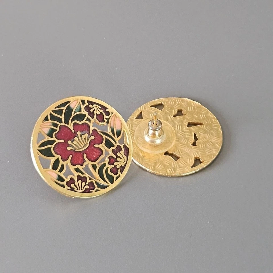 Vintage Abstract Red Hibiscus Floral Circle Stud Earrings - Image 4 of 4