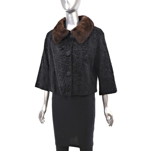 Women Real Persian Lamb Astrakhan Fur Coat Black Mink Collar Handmade Jacket New - Picture 2 of 7
