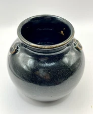 Early Jugtown Ware NC Pottery Black/Brown Glazed Vase Side Design-Marked