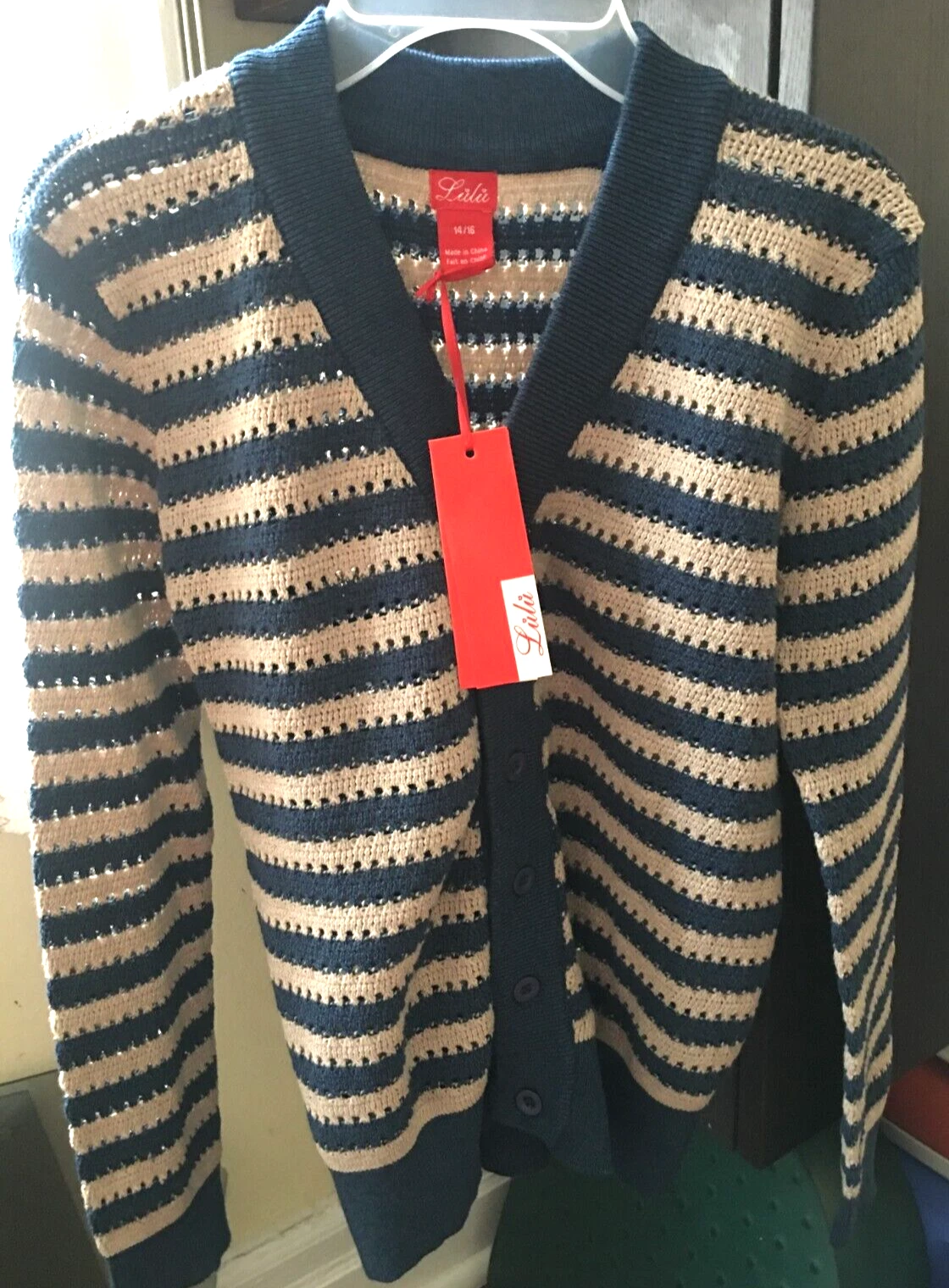 Lulu Boys Cotton Knit Blue/Cream Striped Sweater, Size 14-16, NWT