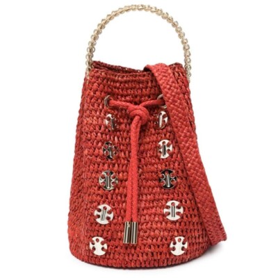 Paco Rabanne Raffia Bucket Shoulder Bag Handbag Red NEW