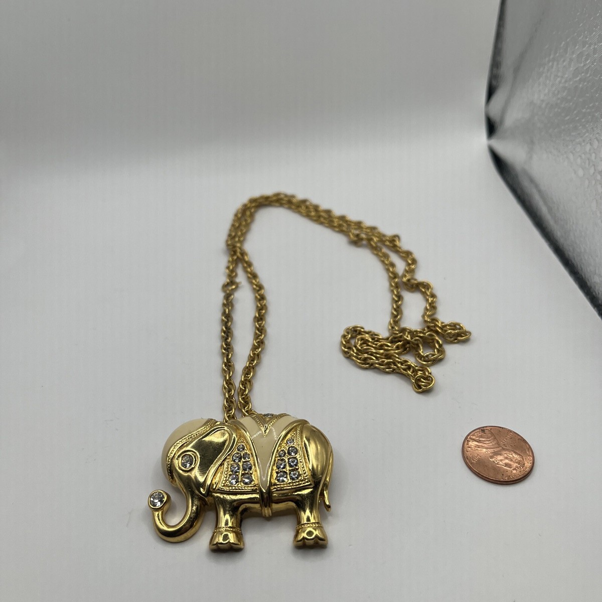 Vintage KJL for Avon Elephant Pendant Necklace Cream Enamel Rhinestone 30”  #11