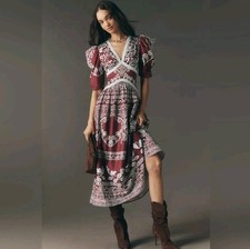 Farm Rio x Anthropologie Printed V-Neck Puff-Sleeve Maxi Dress Size XL NWT