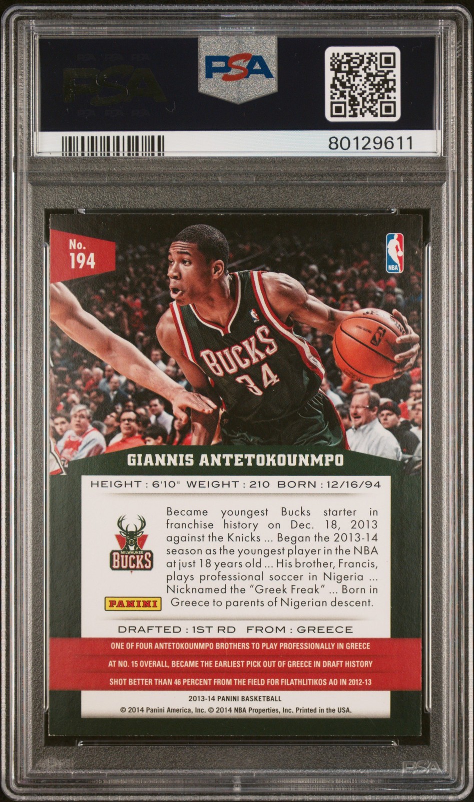 2013 Panini GIANNIS ANTETOKOUNMPO Rookie RC #194 PSA 7 Bucks view 2