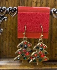 Silver Tone 1 1/4” Christmas Tree Holiday Dangle Drop Sparkle Earrings