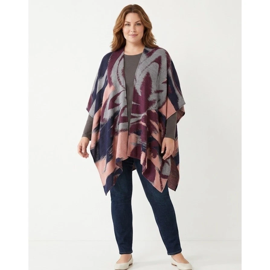 New Chico's Poncho One Size Brown Multi Abstract Artsy Kimono Vacation