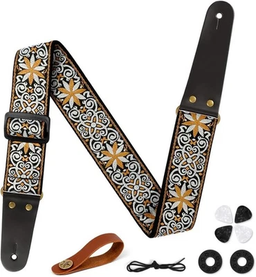 AUCUU Gitarrengurt, 2" Vintage bestickte Baumwolle Gitarrengurt, Verstellbarer