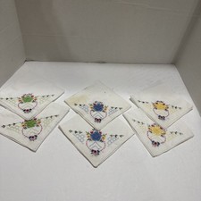 VTG Linen Hankerchief Set Or Lunch Napkin Hand Embroidered Floral Cutwork, 1950s