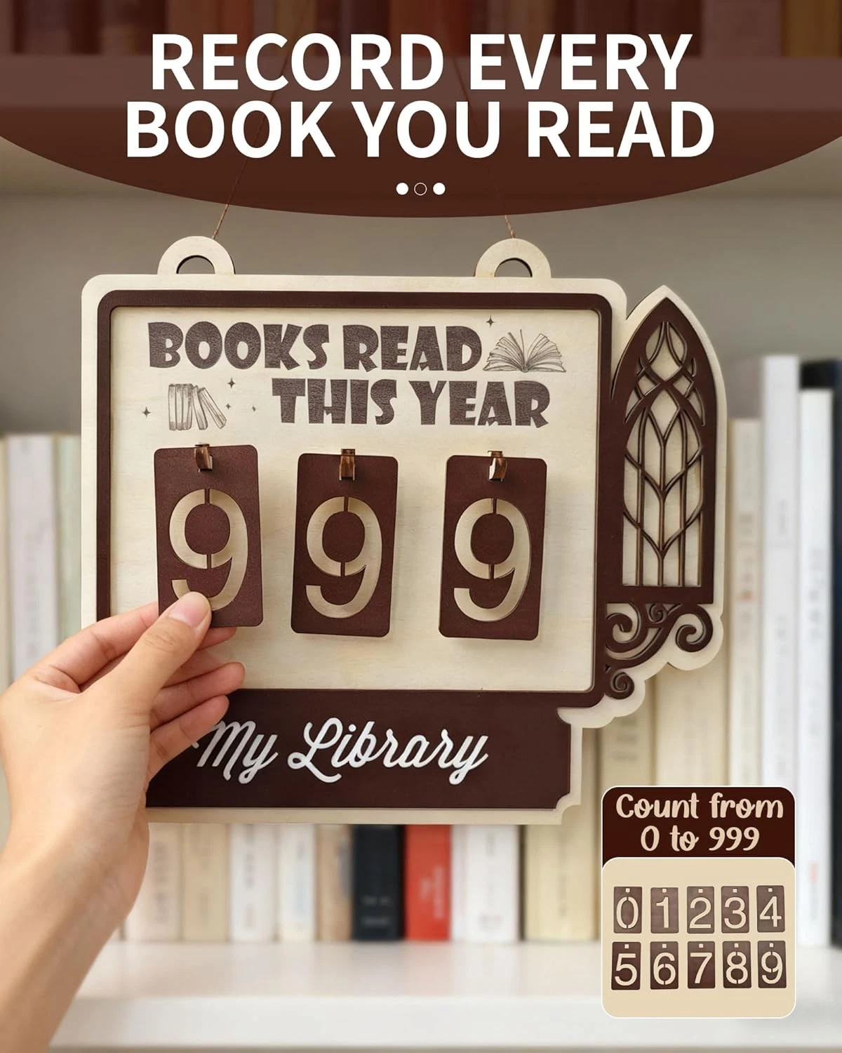 Wooden Book Reading Tracker Shelf Decor Gift for Readers Teachers Librarians