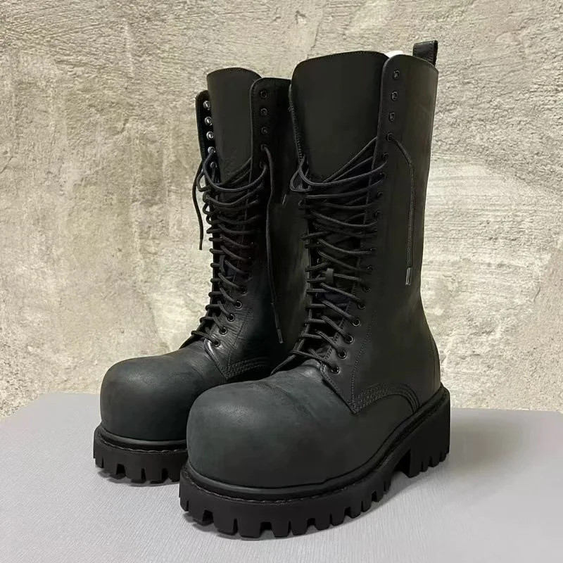 Nuevo Diseñador de Lujo Suela Gruesa Botines Hombres Cuero Moda Punk Zapatos Negros