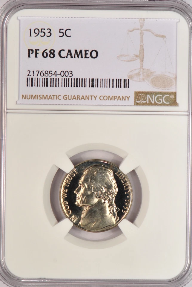 1953 Jefferson Nickel Proof NGC PF 68 CAMEO PR68CAM Frosty Coin 5C - Image 2 of 3