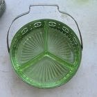 Vintage 1930's Vaseline Uranium Depression Glass Relish Tray w Handled Basket