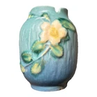 Vintage Small Roseville 4” Blue Pottery Vase White Roses
